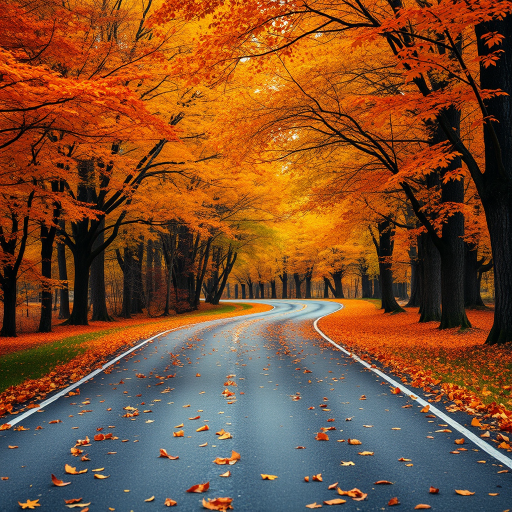 A scenic autumn road surrounded by vibrant trees with orange and yellow leaves carpeting the ground creating a tranquil and picturesque atmosphere