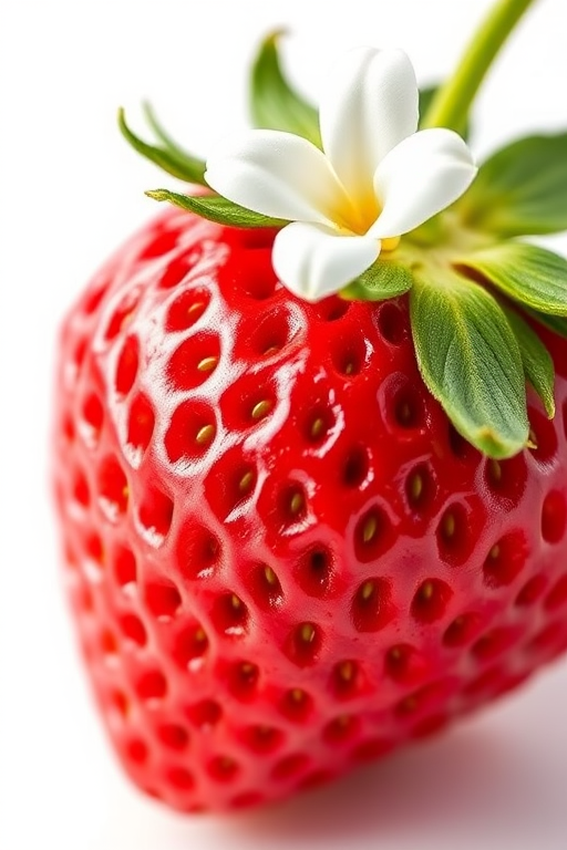 Create a high-resolution illustration of a ripe red strawberry with a white flower and green leaves, macro view, using a digital camera with f/2.8 aperture, 50mm lens, ISO 100, and natural lighting for enhanced clarity and detail.