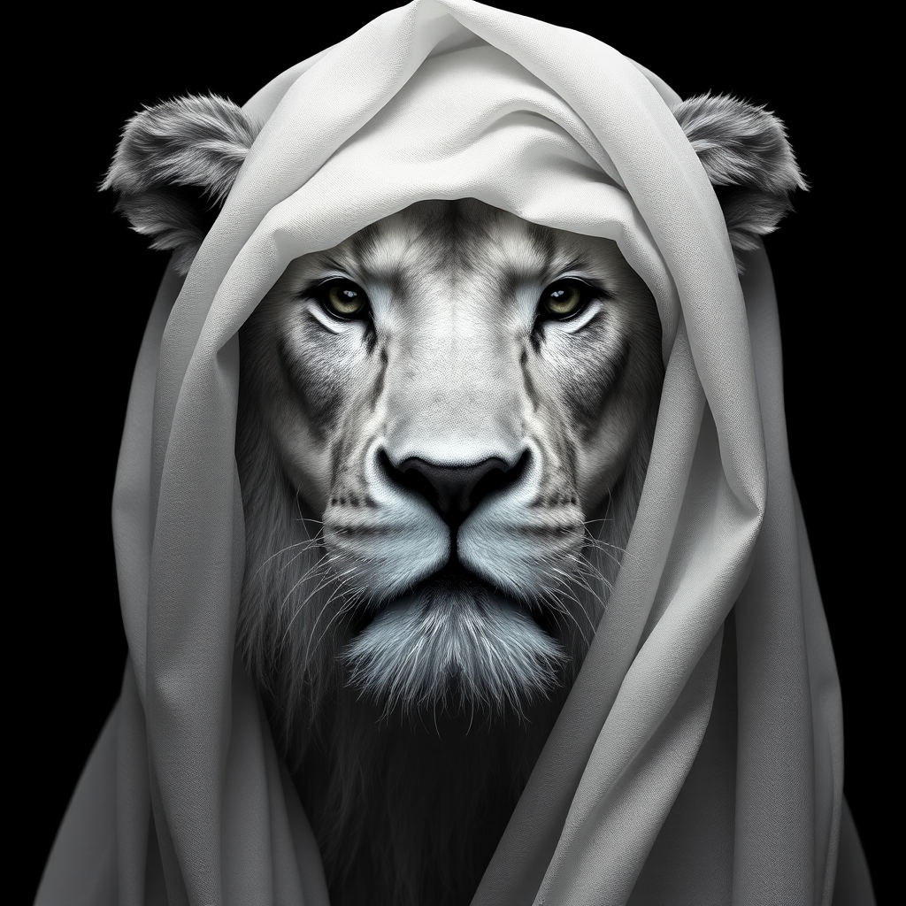 A hyper-realistic digital portrait of an lion with fabric draped over its head. The fabric is sheer and lightweight, allowing the contours of the lion’s face to show through, including its ears, eyes, and nose. The texture of the fabric is smooth and flowing, with delicate folds and creases that suggest softness and movement. The lion’s expression is serene and contemplative. The image focuses on the interplay of light and shadow on the fabric and the lion's face, creating a monochromatic palette of whites and grays. The background is a simple, nondescript dark shade to highlight the subject.