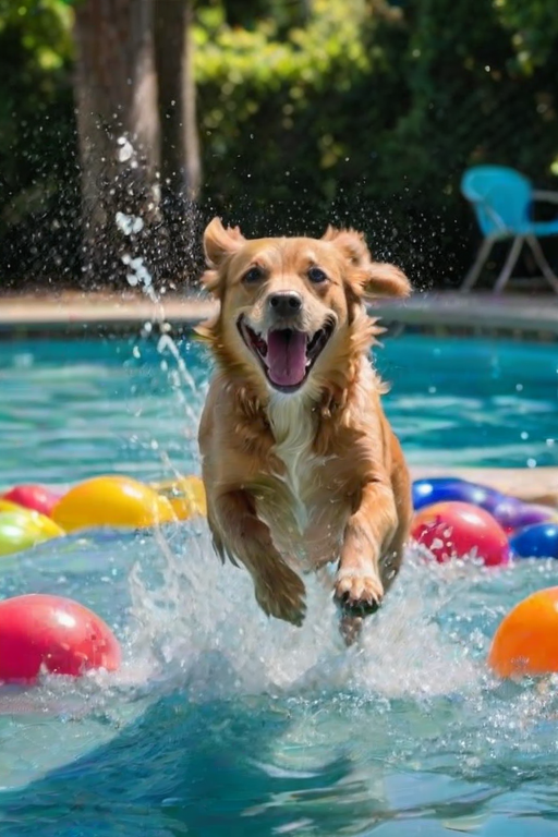Blurry action shot of a dog joyfully leaping into a sparkling pool on a hot summer day, water splashing in all directions, with colorful pool toys scattered around the edge.