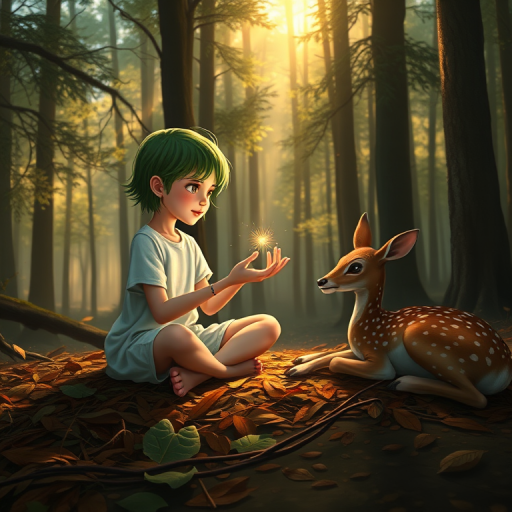 A luminous digital painting of a serene forest scene featuring a barefoot young female, about 7 years old, with green hair and fair skin, dressed in a simple white outfit. He sits cross-legged on the forest floor, gazing at a small, glowing, magical firefly in his hand. Beside him, a delicate spotted deer lies calmly on a bed of dried leaves, observing the scene. The dense forest is bathed in warm, golden light filtering through the trees, creating a peaceful, magical atmosphere with a blend of natural and mystical elements.
