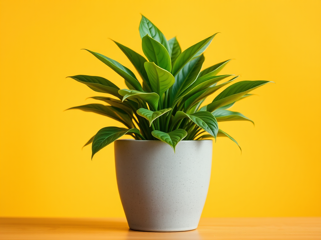 A vibrant green plant in a gray pot set against a warm yellow background, captured with a DSLR camera, 50mm lens, f/2.8 aperture, ISO 200, shot at eye level for a clear, focused view.