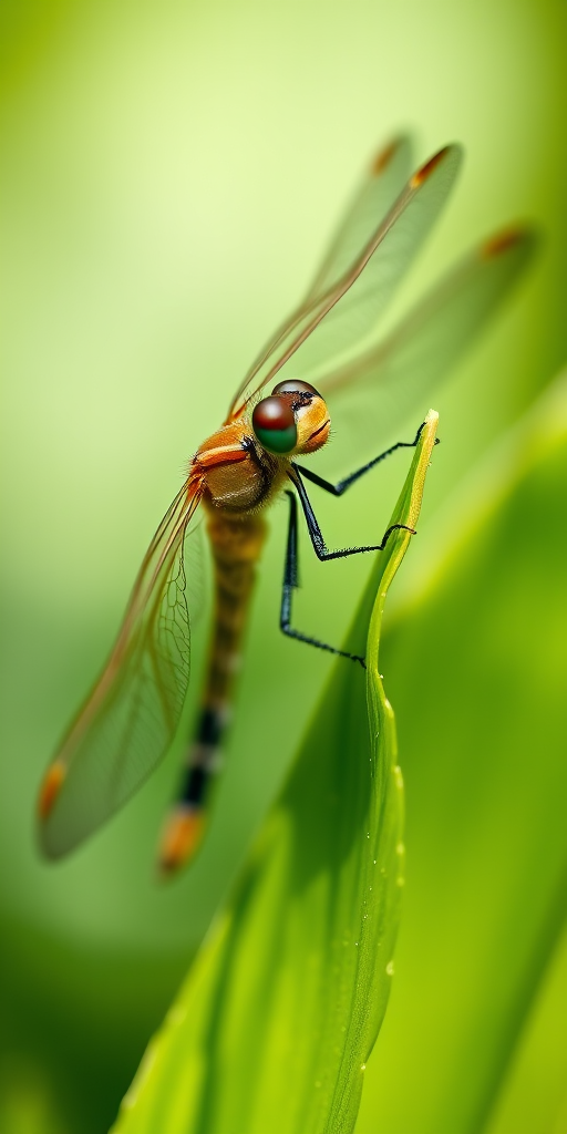 Capture a close-up of a dragonfly perched on a green leaf, using a Canon EOS 5D Mark IV with a 100mm macro lens, aperture f/2.8, ISO 200, and a shutter speed of 1/250s, in natural light for enhanced detail and color vibrancy.