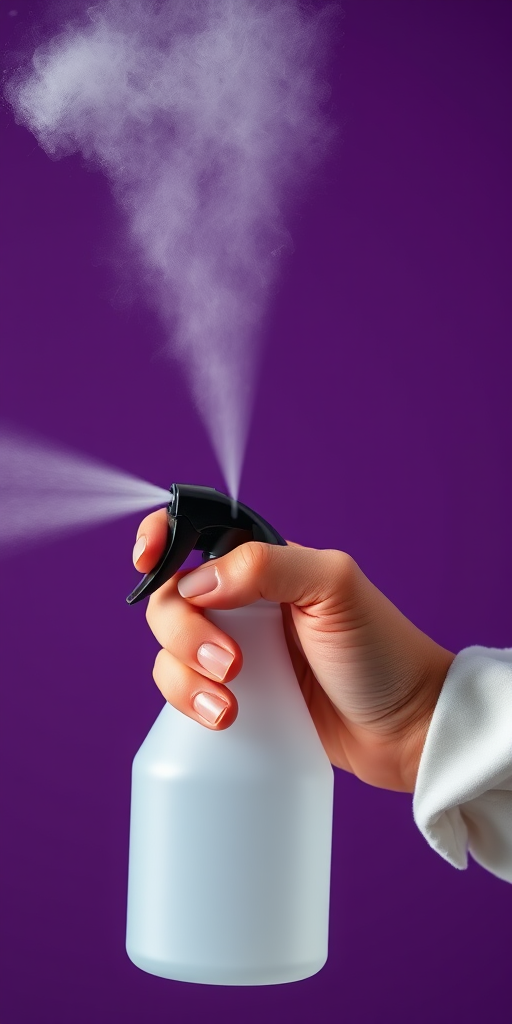 Create an image of a hand holding a spray bottle releasing a cloud of spray against a solid purple background, using a Canon EOS R5 camera with a 50mm lens, aperture set to f/4, ISO 100, and a shallow depth of field to enhance the focus on the spray and hand details.