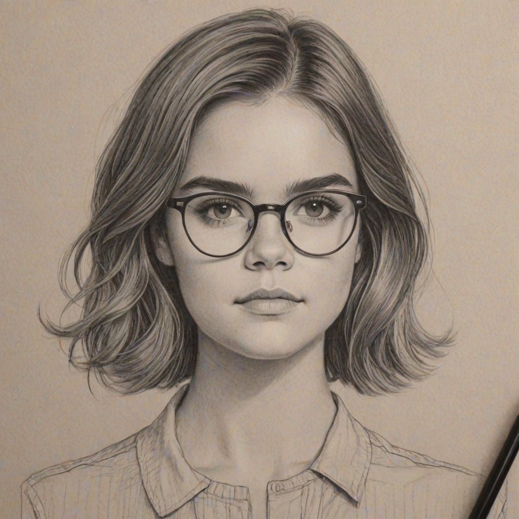 Bewitching Maia Mitchell, pencil sketch, portrait of Magnificent woman 1972s in glasses, hair style beatnik, outline, clear lines, fine lines, 8k