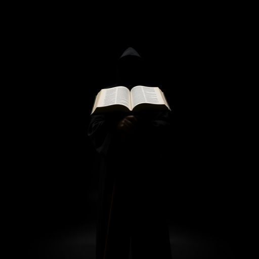 a shadowy figure with an open book for a head, wearing a long dark robe and holding a cane, against a minimalist dark background, high-resolution 4K, f/2.8 aperture, 50mm lens, soft diffused lighting, captured with a DSLR camera, low angle view