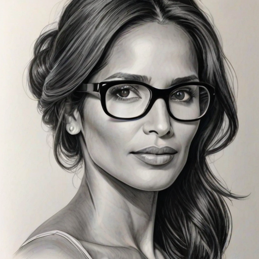 Appealing Padma Lakshmi, pencil sketch, portrait of Magnificent woman 1976s in glasses, hair style beatnik, outline, clear lines, fine lines, 8k