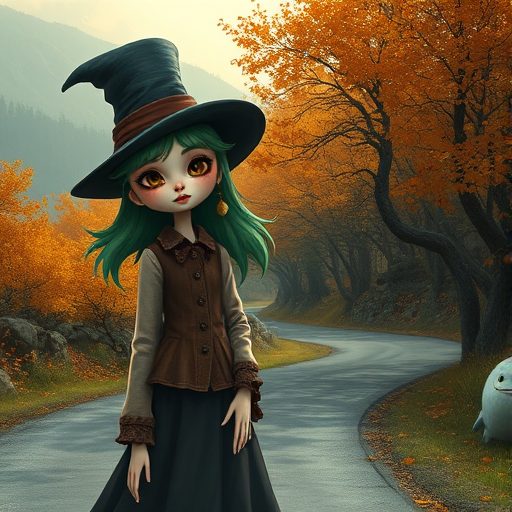 digital art fantasy depicting a strange girl with green hair, long eyelashes, brown lipstick and a tall hat walking along a winding road on an autumn afternoon, an Vaquita smiles as she passes