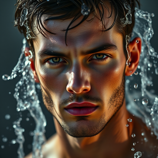 portrait of a male model with water splashing around his head, dramatic lighting, high contrast, DSLR camera, 50mm lens, aperture f/1.8, shutter speed 1/250s, ISO 100, shot from a close-up perspective to enhance detail and clarity