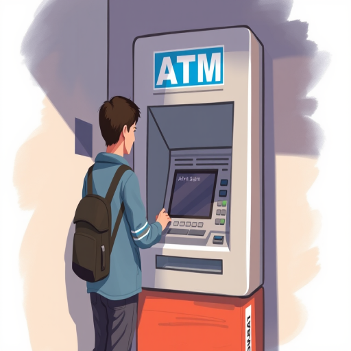 Create an illustration of a person operating an ATM, capturing the scene from a slightly elevated perspective using a digital painting style, at a resolution of 300 DPI, with a wide aperture setting of f/2.8 to create a soft background blur.
