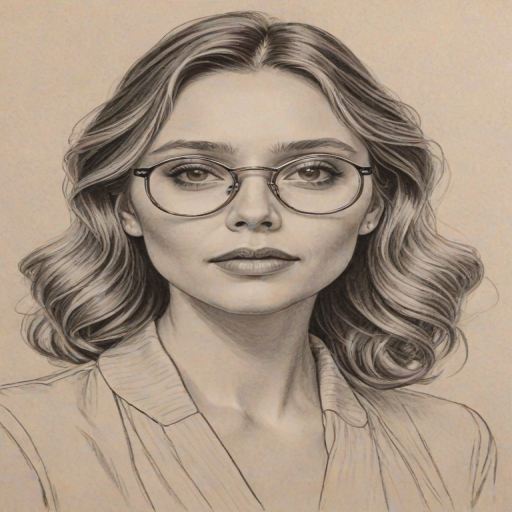 Magnificent Elizabeth Olsen, pencil sketch, portrait of Resplendent woman 1938s in glasses, hair style beatnik, outline, clear lines, fine lines, 8k