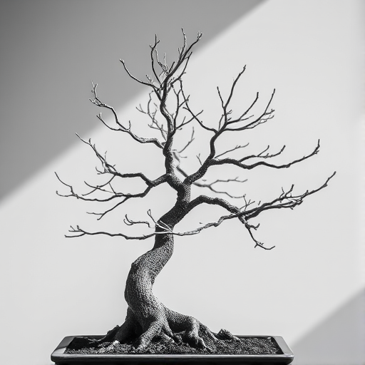 A minimalist black and white photograph of a bonsai tree with a focus on intricate branches and textures, captured in natural light using a DSLR camera with a 50mm lens, f/1.8 aperture, ISO 200, and a shallow depth of field for a soft background blur.