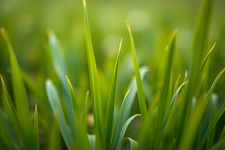 macro shot of green grass with soft focus background, aperture f/2.8, shutter speed 1/250s, ISO 100, natural light, DSLR camera, close-up view