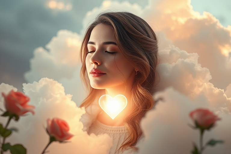 Create a serene depiction of a gentle woman with a heart glowing in light, surrounded by soft clouds and roses, using a Canon EOS R5 with a 50mm lens, f/1.8 aperture, ISO 100, and soft lighting to achieve a dreamy effect.