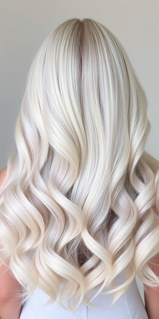 Ethereal waist-length white-blonde waves with a center part, showcasing a subtle silver sheen and baby hairs artfully styled, evoking an angelic appearance