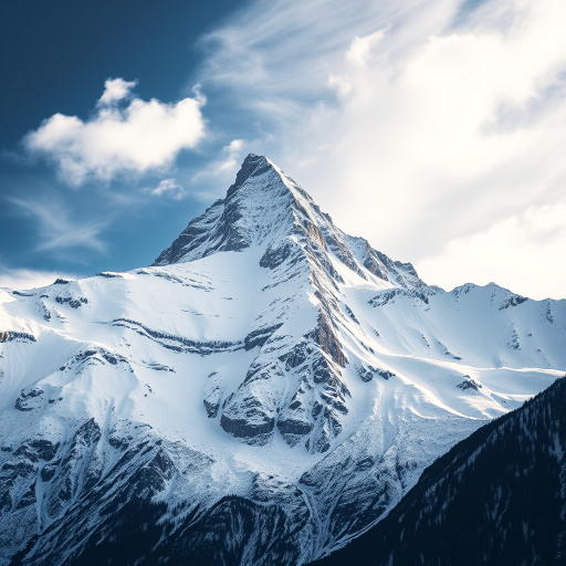 Capture a snow-covered mountain peak with dramatic skies, using a Canon EOS R5, 24mm lens, f/8 aperture, ISO 100, in landscape orientation, with a high dynamic range and soft natural lighting for enhanced detail and contrast.