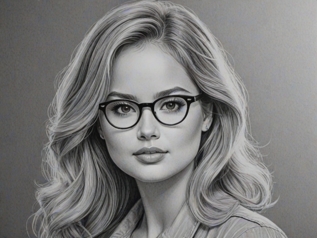 Stunning Debby Ryan, pencil sketch, portrait of Captivating woman 1947s in glasses, hair style beatnik, outline, clear lines, fine lines, 8k