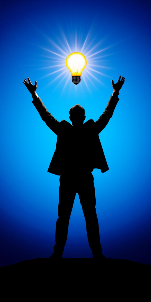Create an image of a silhouette of a man in a suit with arms raised, a glowing light bulb above his head, set against a vibrant blue gradient background with sunburst effects, using a DSLR camera, f/2.8 aperture, ISO 100, and a 35mm lens, in a high-resolution style.