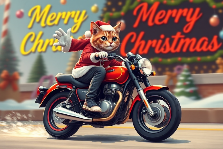 Create an illustration of a cat dressed as Santa Claus riding a motorcycle with a dynamic pose, set against a festive background with "Merry Christmas" in a bold font, captured with a DSLR camera at f/4.0, 1/100s, ISO 200, shot from a low angle to emphasize motion, vibrant colors, and high contrast for a striking visual impact.