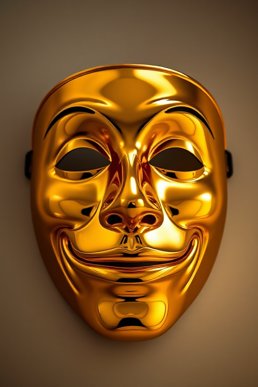 Create a high-resolution image of a gold comedy mask with a shiny surface, using a DSLR camera with a 50mm lens, f/1.8 aperture, 1/200 sec shutter speed, and ISO 100, in a soft, diffused lighting setup to enhance reflections and shadows.