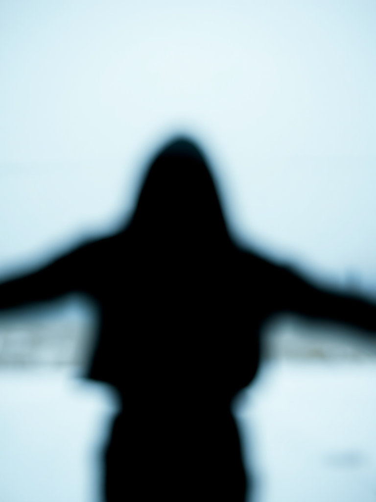 Create an abstract image of a black figure in a minimalist style with a soft focus effect, using a DSLR camera with a 50mm lens, aperture set to f/1.8, ISO 100, and a shallow depth of field from a low-angle perspective.