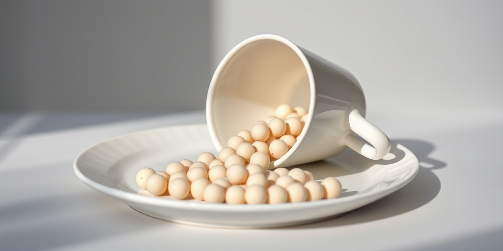 Create a still life image of a white ceramic cup tipped over with small round light-colored balls spilling out onto a plate and a plain surface, use a Canon EOS 5D Mark IV camera with a 50mm f/1.8 lens, aperture set to f/2.8 for a shallow depth of field, ISO 200 for clear detail, and soft natural lighting to enhance the texture and color of the objects.