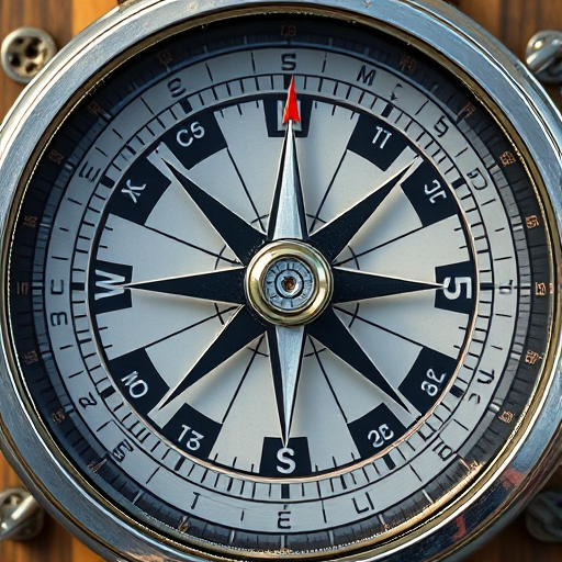 Create a high-resolution image of a compass face with clear markings and a shiny metallic finish, captured with a DSLR camera at 50mm lens, f/2.8 aperture, ISO 100, shot in natural light from a top-down view to enhance detail and contrast.