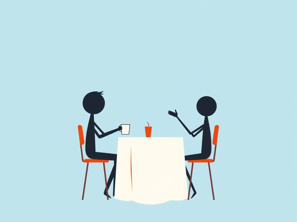 Create a minimalist illustration of two stylized figures at a table, one holding a cup and the other gesturing, set against a light blue background, in high resolution, using a Canon EOS R5 camera, 50mm lens, f/1.8 aperture, 1/125s shutter speed, and natural lighting.