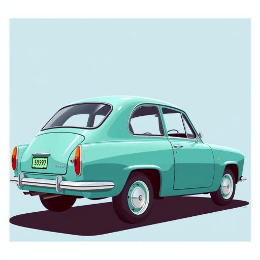 Generate a high-resolution illustration of a classic teal-colored car in profile view with a clear blue background, using a DSLR camera with a 50mm lens, aperture set to f/2.8, shutter speed 1/100 sec, ISO 100, and soft natural lighting to enhance colors and details.