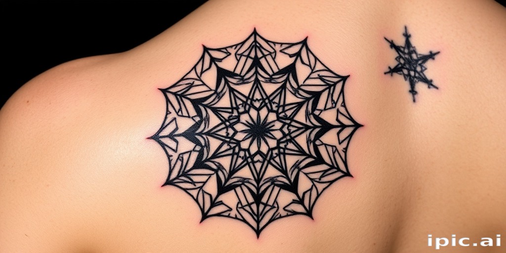 Striking geometric blackwork tattoo featuring interconnected sacred geometry patterns, precise lines and angles forming complex mandala-like designs, stark contrast against skin, bold and modern aesthetic