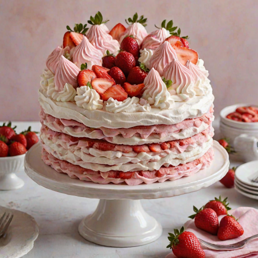 Create an image of a multi-layered strawberry cake with alternating layers of pink cake and fluffy white frosting. The top of the cake is decorated with swirls of whipped cream and fresh strawberry slices. The overall look should be vibrant and inviting, showcasing the textures and colors of the cake.
