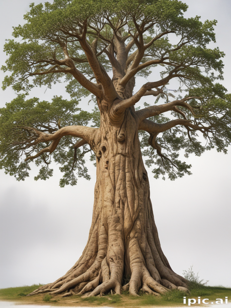 Majestic Old Tree with Winding Roots and Lush Green Foliage Standing Tall.