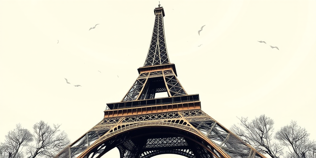 create a highly detailed illustration of the Eiffel Tower with intricate line work and shading, focus on the iconic structure from a low angle, using a DSLR camera with a 50mm lens, aperture f/1.8 for shallow depth of field, and high dynamic range to capture rich colors and contrast.
