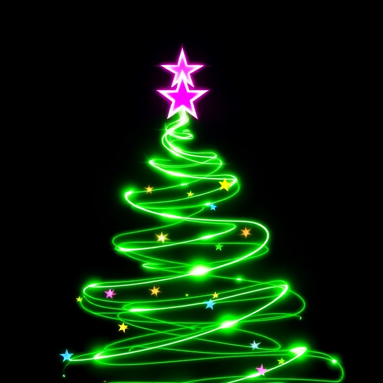 Create an image of a stylized Christmas tree made of swirling green light. At the top, place a pink star, and add small, colorful stars scattered throughout the tree. The background should be black to highlight the vibrant colors of the lights.