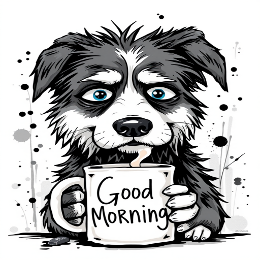 A quirky, artistic illustration of a disheveled greater swiss mountain dog with exaggerated, large eyes and spiky fur, holding a coffee mug that reads "Good Morning". The dog has a tired but humorous expression, with ink splatters and abstract details surrounding it, giving a whimsical feel to the image. The color palette is mostly monochrome with hints of blue in the eyes and steam rising from the mug, enhancing the overall sleepy vibe