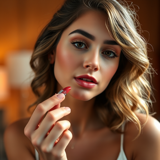 Regenerate an image of a young woman applying lipstick with soft curls and a warm background, using a portrait mode camera at f/2.8 aperture, 50mm lens, natural light, 4K resolution, and a focus on her expression and makeup details.