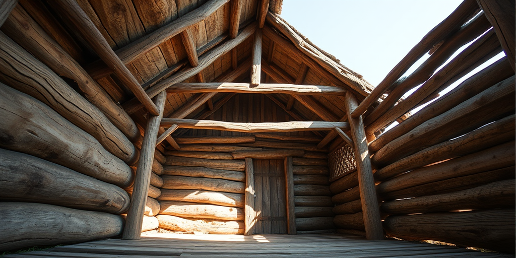 Create a high-resolution image of a rustic wooden hut with an arched roof, viewed from a low angle, using a DSLR camera with a 50mm lens, aperture set to f/8, ISO 200, and a shutter speed of 1/125 seconds, in natural lighting to enhance texture and depth.