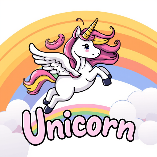 create a colorful cartoon illustration of a unicorn with a flowing mane and wings, jumping over a rainbow with a whimsical cloud backdrop, include the word "Unicorn" in a playful font, use a Canon EOS 5D Mark IV, aperture f/4, shutter speed 1/250s, ISO 100, focus on vivid colors and sharp details, brightly lit environment for enhanced image quality