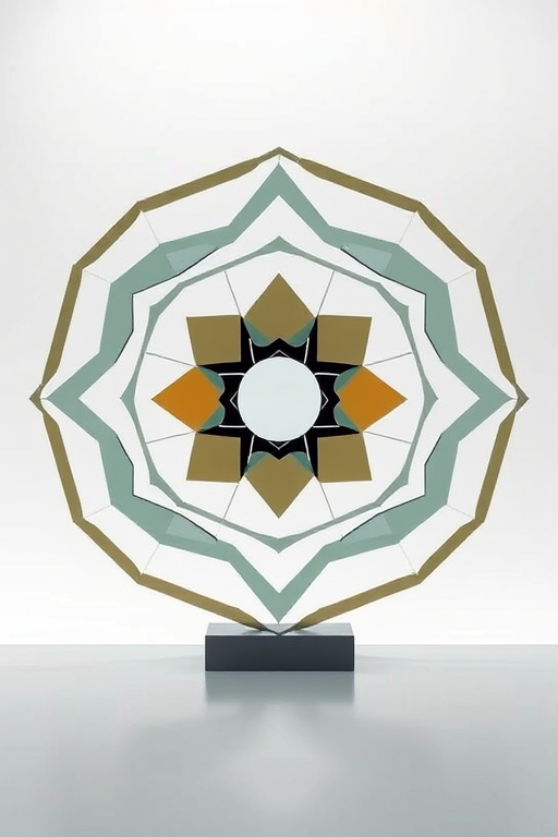 Generate a high-resolution image of a stylized abstract design featuring geometric shapes, using a Canon EOS R5 with a 50mm f/1.2 lens, settings: ISO 100, aperture f/8, shutter speed 1/125s, in a well-lit studio environment.
