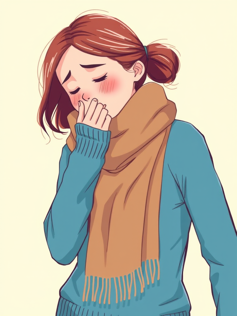 Create a digital illustration of a woman coughing gently, wearing a brown scarf over her blue sweater, with a soft pastel green background, using a high-resolution digital art style, captured from a mid-level angle, simulating a DSLR camera with a 50mm lens at f/1.8 aperture for depth of field.