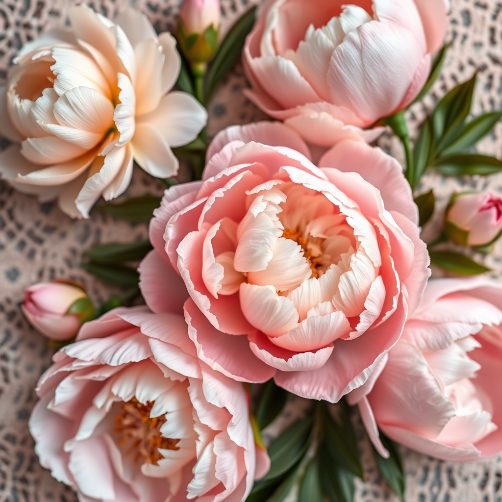 highly detailed floral pattern with peonies in soft pastel colors and intricate lace background, macro photography, f/2.8 aperture, ISO 100, 50mm lens, natural lighting, shallow depth of field, digital art style