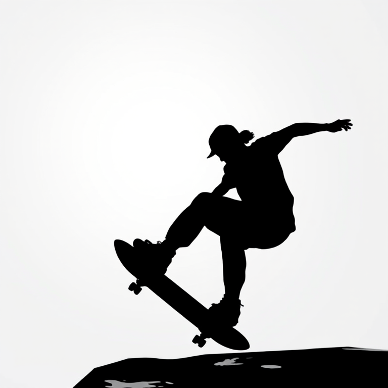 Generate a high-quality illustration of a minimalistic black silhouette of a skateboarder mid-action with smooth lines and dynamic pose, DSLR camera settings: f/2.8 aperture, ISO 100, 1/500 shutter speed, shot from a low-angle view to emphasize movement, using a Canon EOS 5D Mark IV with a 50mm lens.