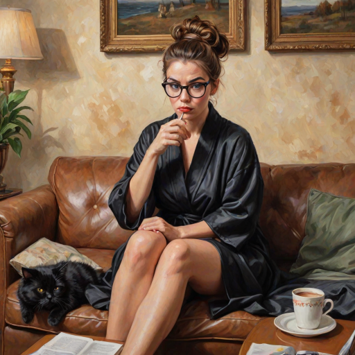 The words ‘Professional Overthinker’ (exact spelling) An exaggerated whimsical illustration of a cute silly lady with unruly messy brown bun and black glasses pouty lips and a thinking expression. Shes sitting on the couch, legs folded wearing a black silk robe, black fuzzy slippers. She’s holding her coffee cup and making a deep-in-thought face.  A quirky scruffy cat (dog) looking at her against a mottled, oil painting style soft background living room setting.