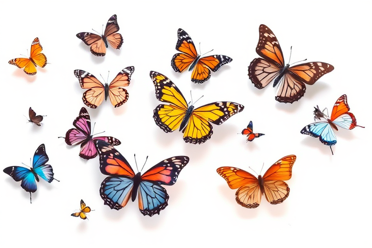 Generate an image of various butterflies in flight against a white background. Include a mix of colors and patterns, showcasing butterflies from different species, all with delicate wings and soft shadows beneath them. Aim for a light and airy composition.