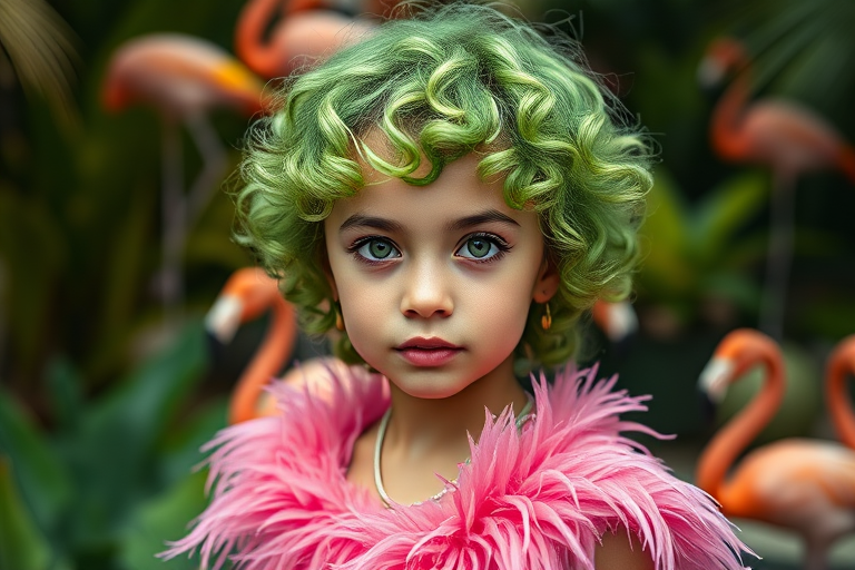 Portrait of a young girl with vibrant green curly hair and striking green eyes, wearing a pink feathered outfit, positioned in a lush tropical setting with flamingos in the background, shot with a Canon EOS R5, 85mm lens, aperture f/1.8, ISO 100, natural light, shallow depth of field for a dreamy effect.