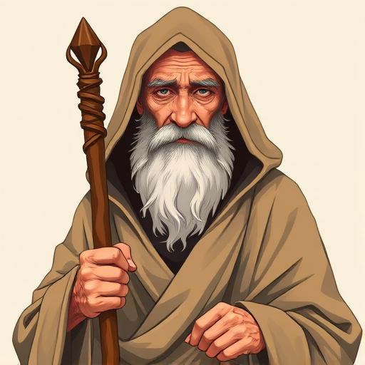 Create an illustration of an elderly man with a beard wearing a hooded robe and sandals, holding a staff, in a light, warm color palette, with a focus on expressive facial features, using a Canon EOS 5D Mark IV, 35mm f/1.4 lens, aperture f/2.8, ISO 400, natural lighting, and a portrait style for enhanced detail and depth.