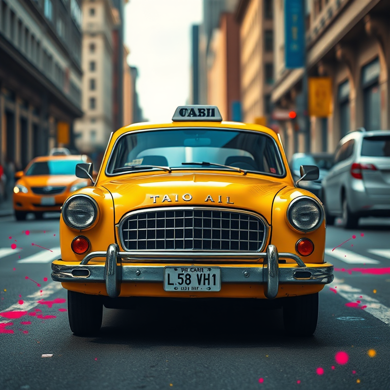 Generate an image of a classic yellow taxi cab in an urban setting with vibrant splashes of color around it, shot with a Canon EOS R5 at f/1.8, ISO 100, 1/500 sec, in a wide-angle view with a shallow depth of field for a painterly effect.