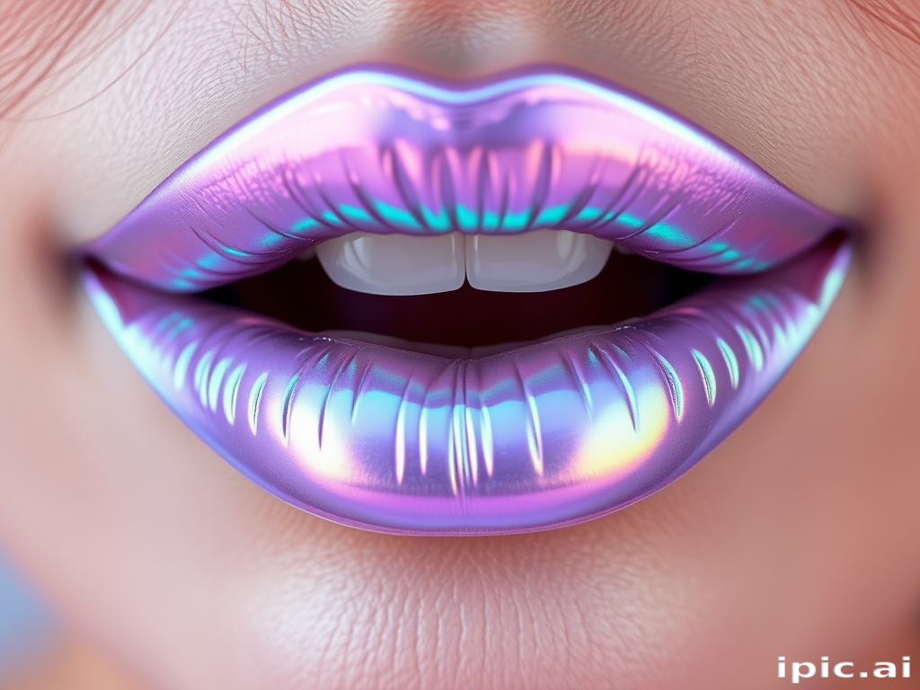 Iridescent holographic lips shifting between lavender and mint green, creating a futuristic and ethereal look that captivates the imagination