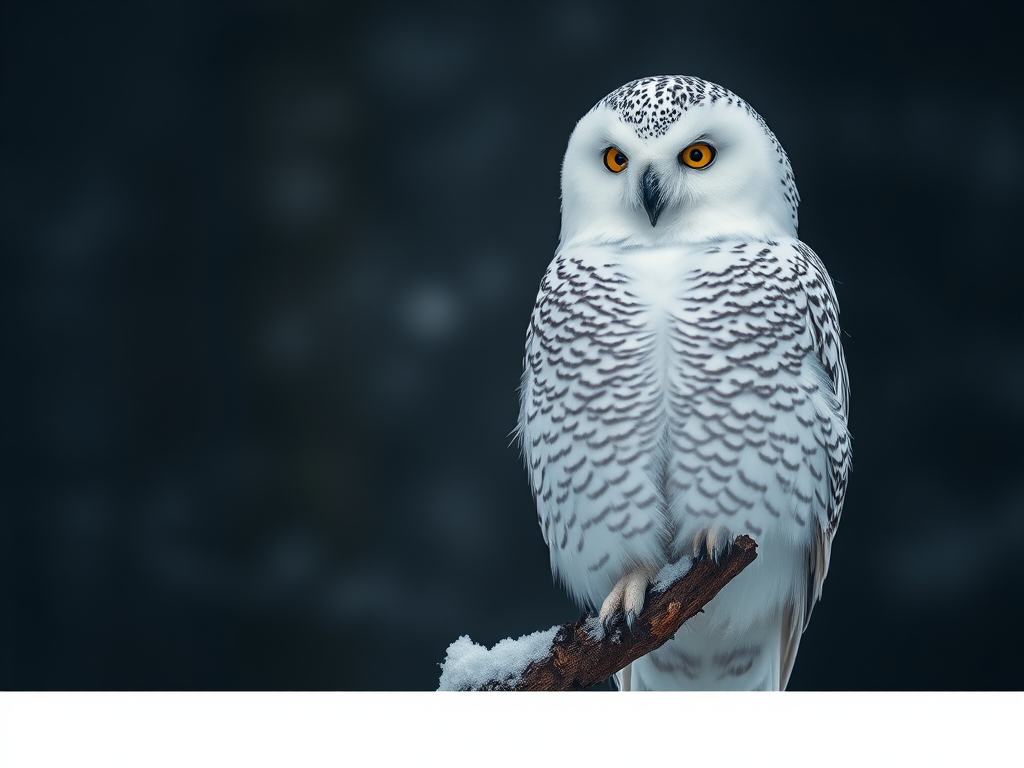 Regenerate a close-up image of a snowy owl perched on a branch in a dark forest setting, using a Canon EOS R5 camera with a 50mm f/1.2 lens, ISO 400, aperture f/1.8, shutter speed 1/200s, and soft focus for a dramatic effect.
