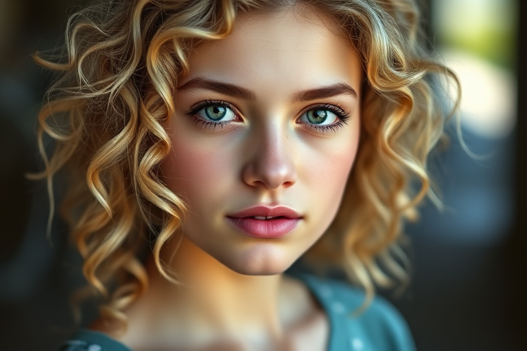 Portrait of a young woman with curly blonde hair and green eyes, natural lighting, shallow depth of field, 85mm lens, aperture f/1.8, ISO 100, captured with a full-frame DSLR camera, soft bokeh background.